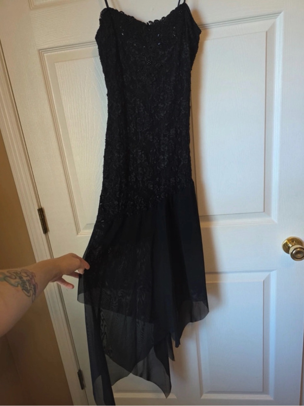 VTG Y2K Bari Jay Fairycore Whimsigoth Lace Sequin Handkerchief Hem Midi Dress 6
